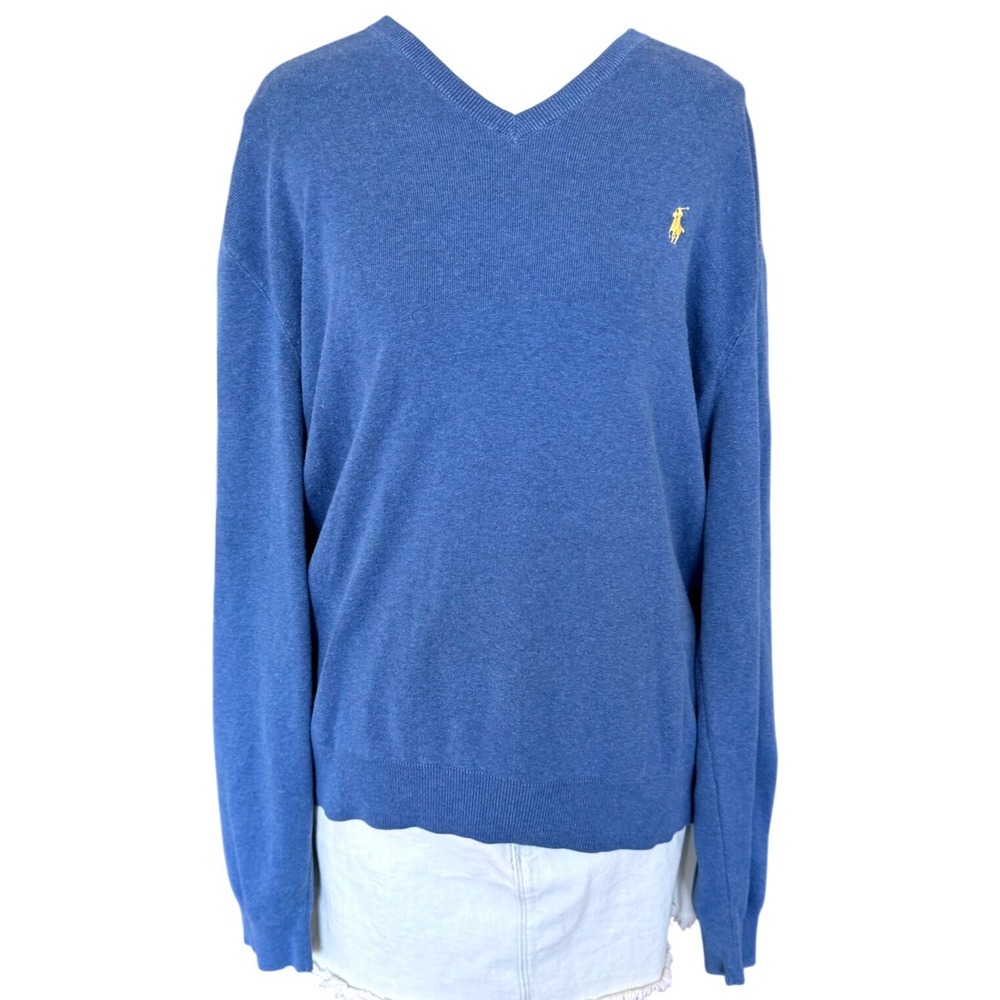 Polo Ralph Lauren V-Neck Sweater Pima Cotton Blue Preppy XL